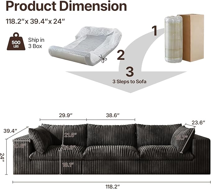 118-inch Boneless Cloud Sofa Modular Corduroy Sectional Couch with Full Foam Compression for Living Room Bedroom Apartment No Assembly Required (Black 3 Seater)