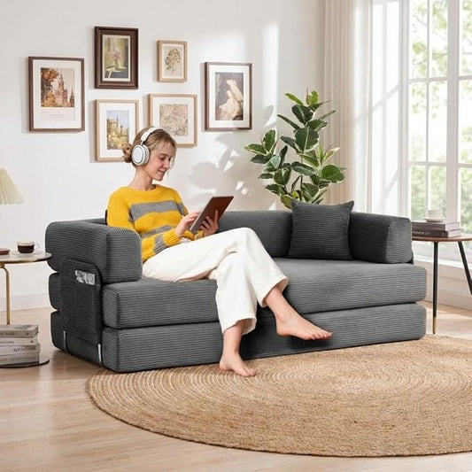 Garvee 5-in-1 Convertible Sofa Bed 78.8 Modular Corduroy Sleeper with Sturdy Frame &amp No Assembly Multi-Functional Futon for Small Space Living Room &amp Guest Room (Green) (Gray-A)