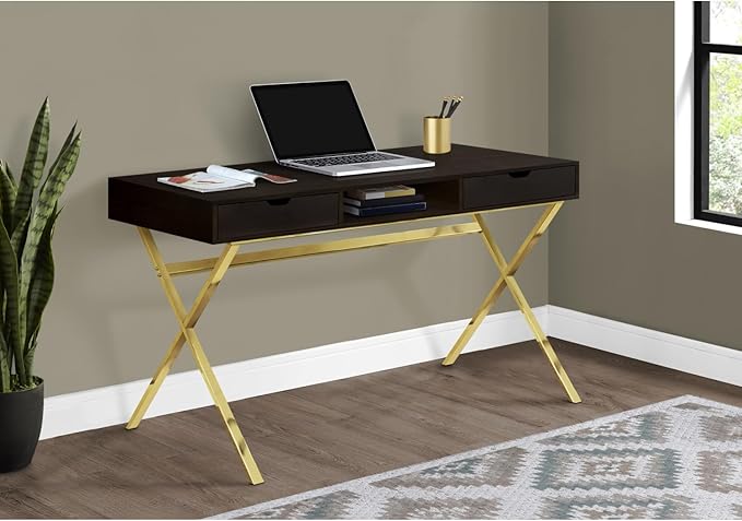 Modern Home Office Desk with Storage 48 Laptop Desk Contemporary X-Design Gold Metal Base Brown Laminate