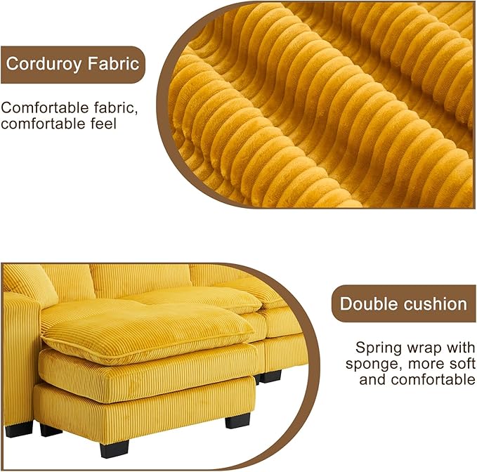 143 Large Modular Sectional Sofa Convertible U - L Shaped 6-Seat Sofa Couch with One Ottoman Chaise and Pillows Sectional Couches Comfy Corduroy Upholstered Sofa Sleeper for Living Room (Yellow)