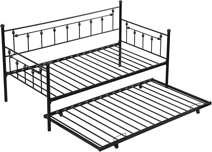 Convertible Modern Twin Size Metal Daybed Couch Pull Out Trundle Sofa Bed 2 in 1 Convertible Sleeper Daybed Sofa Bed Frame for Bedroom Living Room Guest Room Office Black One Size