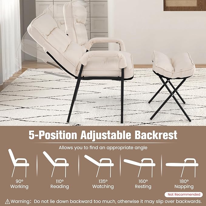 Giantex Modern Accent Chair with Ottoman Upholstered Arm Chair with Adjustable Backrest &amp Solid Metal Frame Linen Fabric Single Sofa Chair and Footrest Set for Bedroom Living Room (Beige)