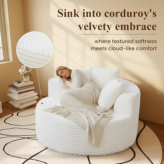 WJShome Oversized Round Chair Lounge Chaise IndoorUpholstered Corduroy Sofa Bed with 3 PillowsComfy Sleeper Boneless CouchDeep Seat Couches for Living Room Beige