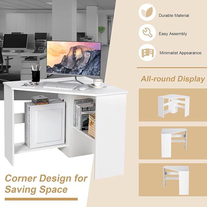 Tangkula White Corner Desk - 90 Degrees Triangle for Computer Small Space Bedroom Makeup Vanity Desk with Storage Shelves &amp CPU Stand Space Saving Writing Desk