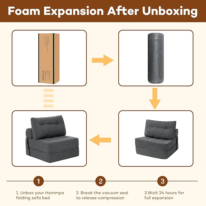 HOMMPA Folding Sofa Bed Convertible Sleeper Chair with Pillow Foldable Mattress with Back Support Portable Fold Out Sleeper Sofa Bed Floor Lounge Sofa for Living Room Home Office Single Size Dark Gray