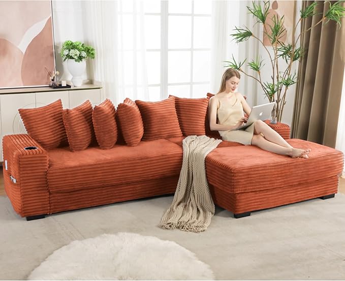 111 Inch Sleeper Sofa Bed | Convertible Cloud Sectional Couches for Living Room | L-Shaped Couch with Cup Holder Side Pocket 8 Pillpws | Orange