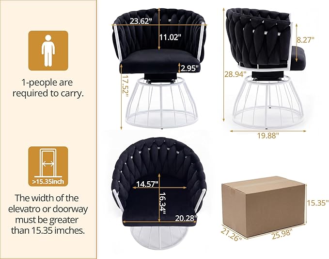 Mistpeople Swivel Weave Accent Chair Velour Upholstered Modern Chair with Woven Tufted Backrest for Living Room Bedroom Vanity Black