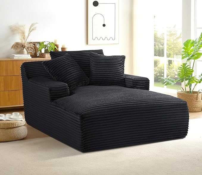 Container Furniture Chamden Oversized Chaise Lounge Chair Modern Corduroy Sofa Bed with Full Foam Cushioning Cozy Convertible Sleeper for Living Room or Bedroom Black