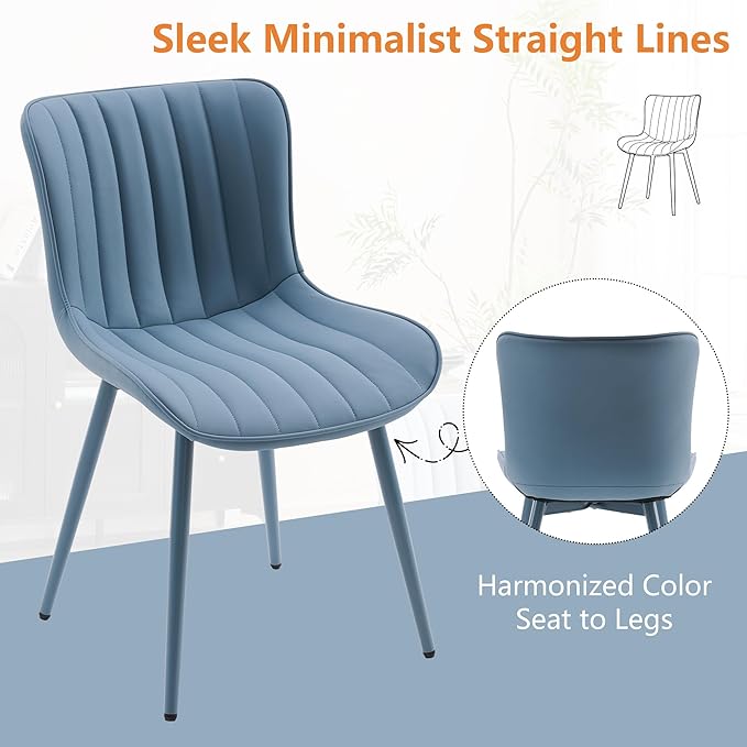 YOUNUOKE Mid-Century Modern Dining Chairs Set of 2 Blue PU Leather Upholstered Kitchen Chairs with Blue Metal Legs Armless Accent Chair for Dining Room Guest Reception Room