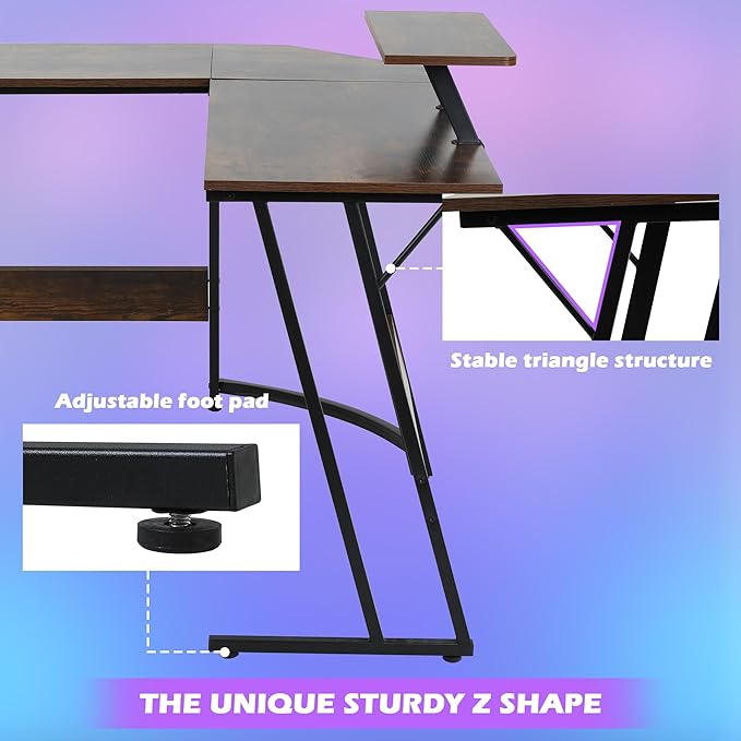 L Shaped Gaming Desk Modern Computer Desk Home Office Desks with Large Monitor Riser Stand Sturdy PC Desk for Bedroom Minimalist Brown 50Inch