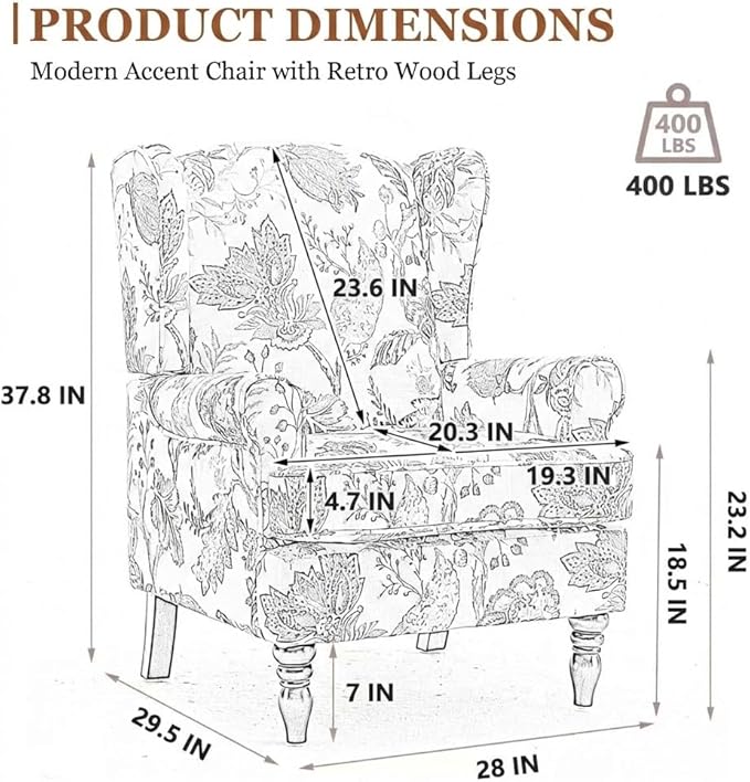 Vintage Floral Accent Chair Wingback Chair with Arms for Living Room Antique Occasional Side Chair|High Back|Ticken Seat Cushion|Fabric Upholstered (Blue) (Brown Yellow A)