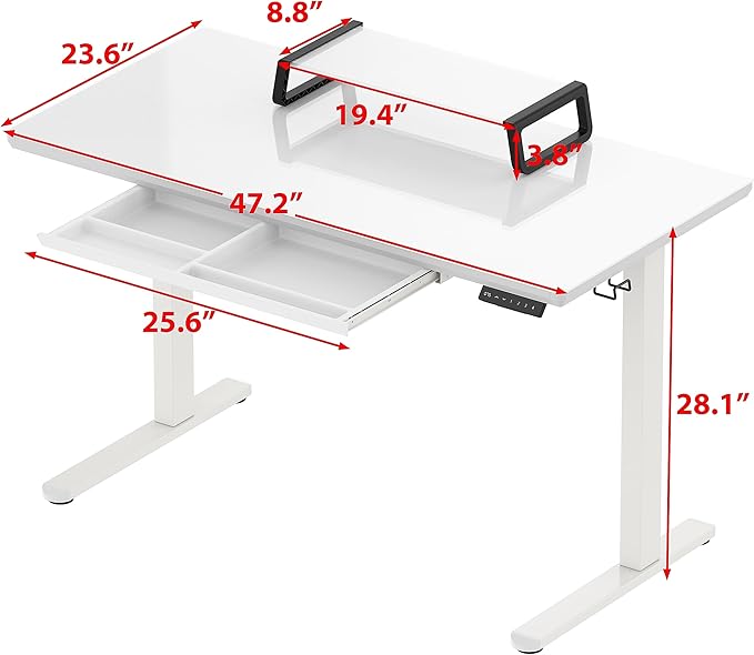 SHW 48x24 Glass Electric Height Adjustable Standing Desk – Motorized Sit Stand Desk with Monitor Riser Pull-Out Drawer Memory Presets White