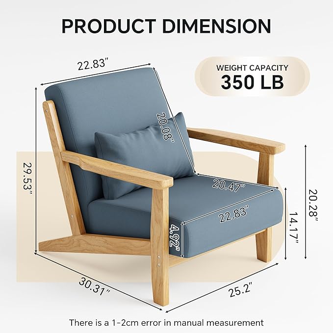 Solid Wood Accent Chair Mid-Century Modern Lounge Armchairs Fabric Upholstered Soft Comfy Living Room Chairs with Armrest Waist Cushion Pillow for Office Reading Waiting Room (Blue)