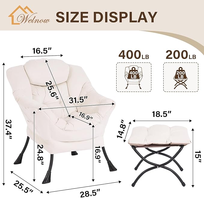 Welnow Lazy Chair with Ottoman Modern Accent Chair with Armrests and a Side Pocket Leisure Sofa Armchair Reading Armchair with Footrest for Small Space Beige