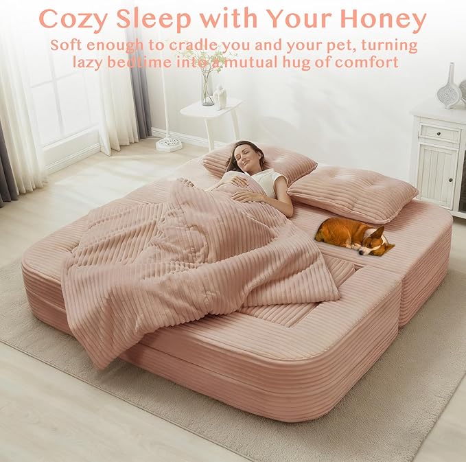 80'' Futon Sofa Bed King Size Foldable Sleeper Sofa Corduroy Boneless Loveseat Couch with Chaise Lounge 3 Pillows Blanket Upholstered Sectional Couches for Living Room Bedroom Pink