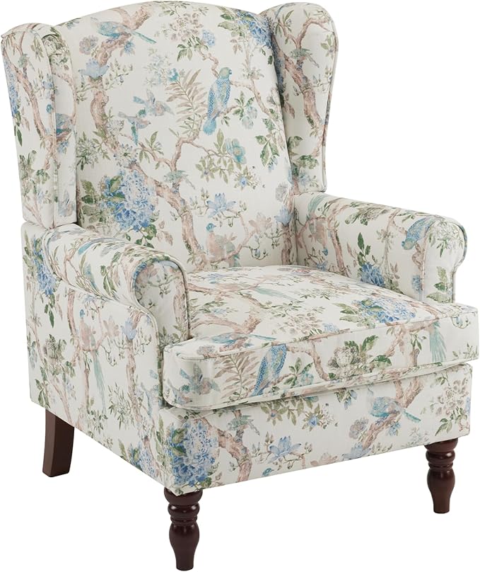 MELLCOM Floral Accent Chair High Back Upholstered Armchair with Solid Legs Leisure Single Sofa Chair for Living Room Bedroom Home Office Light Blue Floral&ampBird