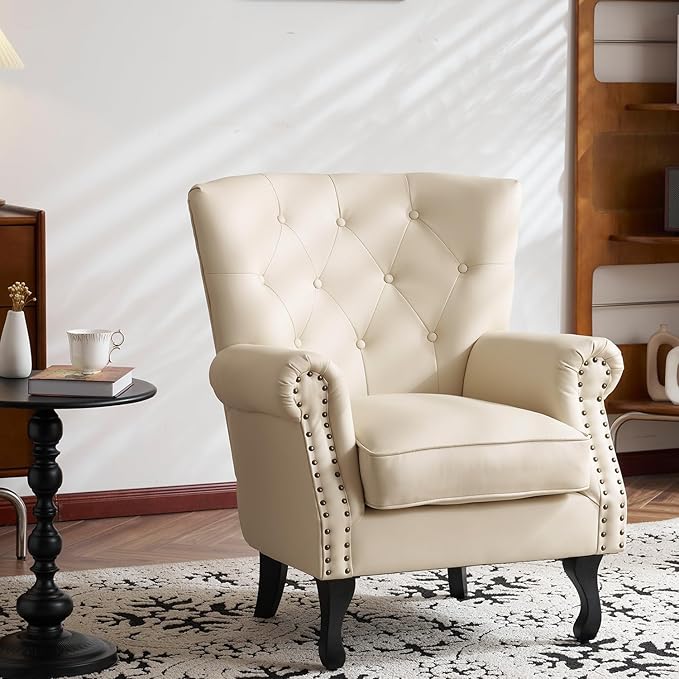 Modern Faux Leather Accent Chair Upholstered Mid-Century Armchair with Solid Wood Legs Single Sofa Chair for Living Room Bedroom or Reading Room（Ivory White）
