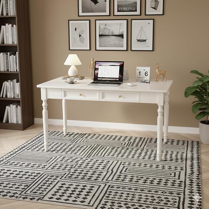 French Country Style White Writing Desks with Drawers 47 Solid Wood Farmhouse Computer Table for Home Office Living Room Study or Workspace (White)