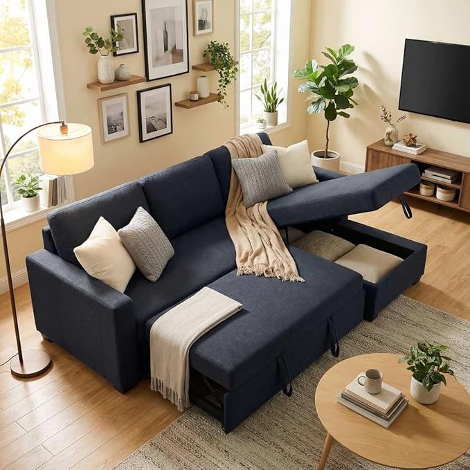 83 Inch L-Shape Sleeper Sofa with Pull Out Bed 3-in-1 Pull-Out Couch with Storage Chaise Sectional Convertible Couch for Living Room Apartment Black