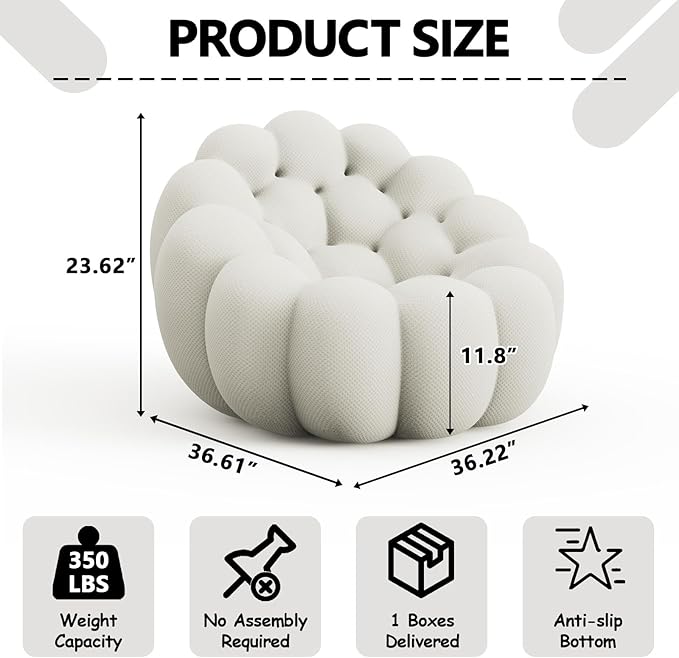 36 Oversized Bubble Chair Upholstered Mesh Fabric Bubble Sofa Couch &amp Floor Lounge Chair with 3D Honeycomb Design for Living Room Office Apartment Small Space - No Assembly Required (White)