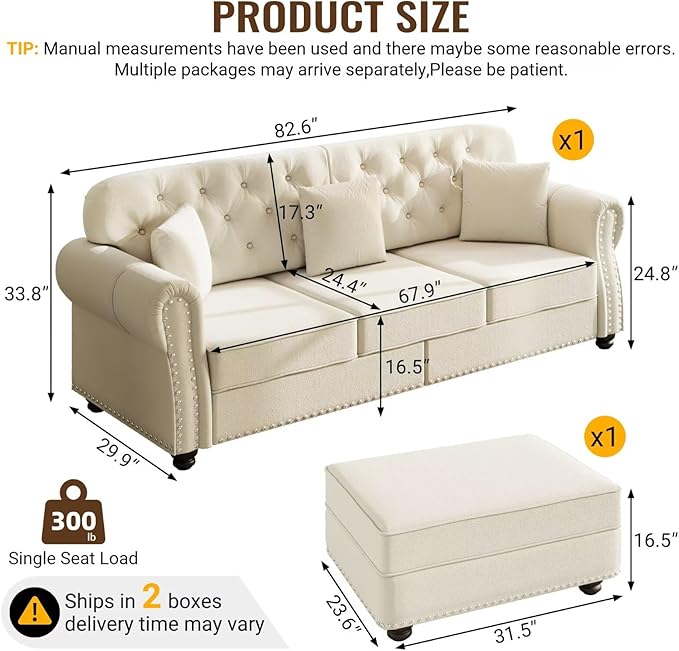 82.6 Beige Velvet Sofa with Nailhead Trim &amp Rolled Arms Classic Chesterfield Style 3-Seater Couch with 3 Pillows &amp 1 Ottoman Mid-Century Modern Living Room Furniture for Home Decor