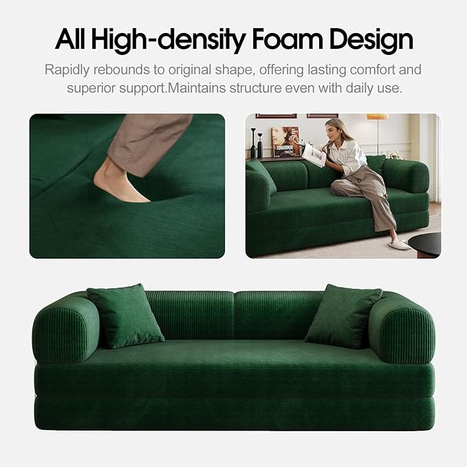 78.8'' Convertible Sofa Bed Boneless Couch in a Box Modular Corduroy Comfy Foldable Sleeper Compression Sofa Loveseat Couches for Living Room (Green 78.8 inch)
