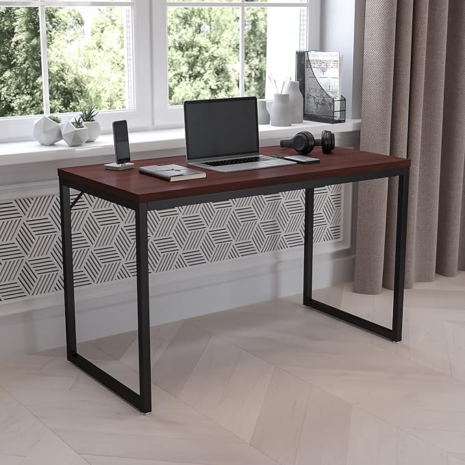 Flash Furniture Tiverton Industrial Modern Desk-Mahogany/Black Commercial Grade Computer Desk-47 Sturdy Home Office Desk-Writing Desk