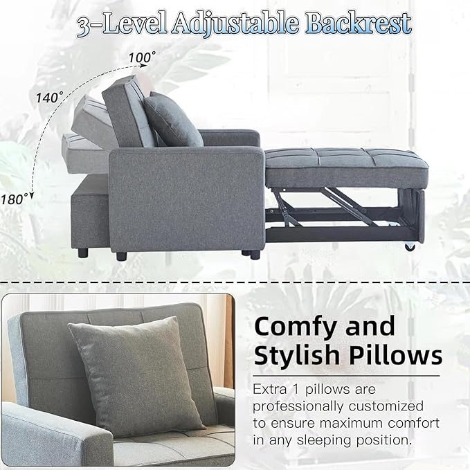 3-in-1 Convertible Sleeper Chair Pullout Chair with Extra Pillow Recliner Sofa Bed with 4 Adjustable Angles Convertible Lazy Sofa Bed for Small Spaces Home Office Light Gray