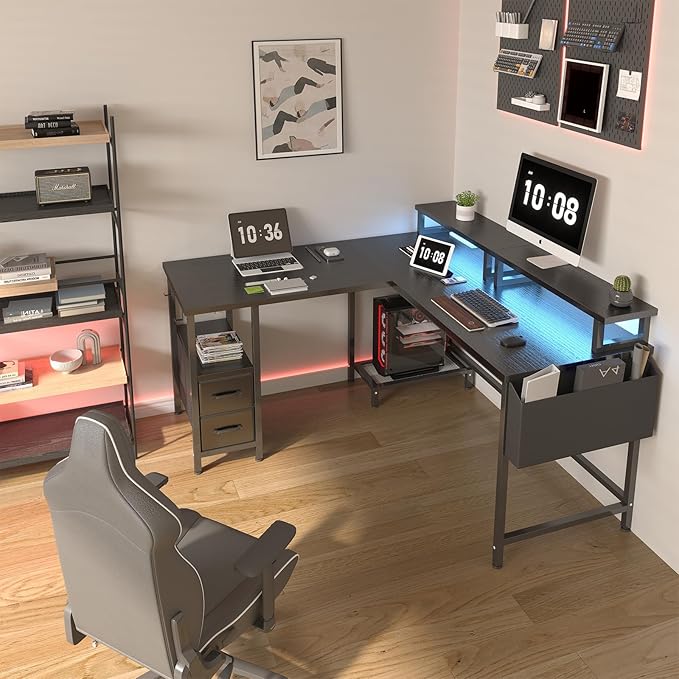 Lufeiya L Shaped Gaming Desk with Led Lights and Power Outlets 47 Inch Corner Home Office Desk with Monitor Stand Shelves Writing Study Computer Desks with Fabric Drawers for Bedroom Black