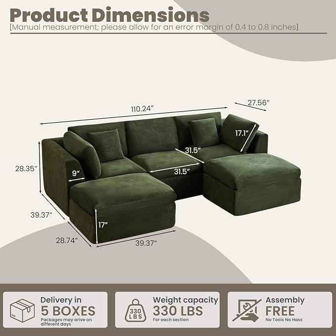 118 Fully Compressed Modular Sectional Sofa Cloud Sectional Couch U Shape with Ottoman No Assembly Boneless Sectional Sofa Deep Seat Convertible Modular Couch for Living Room (Green)