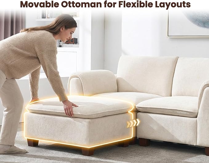 VESCASA Modern Sectional Sofa with Ottoman 106.5 Inch Modular Cloud Couch 4 Seat L Shaped with Waterfall Armrest Cushion Back for Living Room Apartment White Chenille