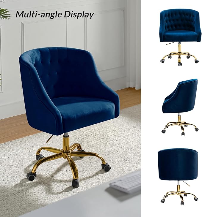 TINA'S HOME Velvet Home Office Chair with Gold Base Comfortable Modern Cute Desk Chair Adjustable Swivel Task Chair for Living Room Bedroom Vanity Study Navy