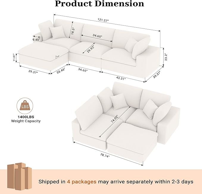 121 L-Shaped Modular Sectional Sofa with Ottoman Upholstered Cloud Couch with Deep Seat Boneless Sofa Sectional Couch for Living Room No Assembly Required Chenille Warm White | Breathable Materia