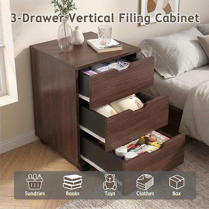 3 Drawer File Cabinet for Home Office 3-Drawer Vertical Filing Cabinet Rolling Wood Mobile File Cabinets Under Desk for Home Office with Casters (Brown)
