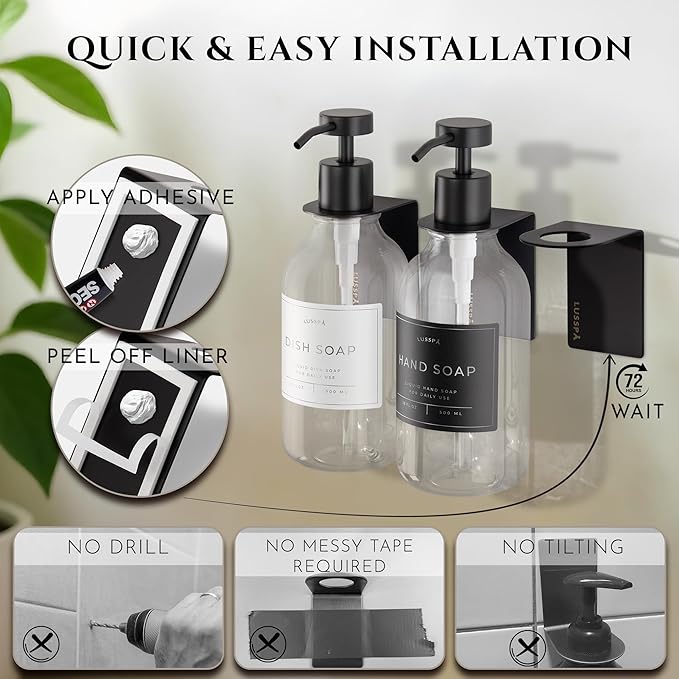 Shower Shampoo Dispenser Wall Mounted – 3 Refillable 16.9 oz Clear Bottles with Stainless Steel Pumps &amp No-Drill Adhesive Holders – Soap Dispenser Set for Bathroom (3 X Clear/Black)