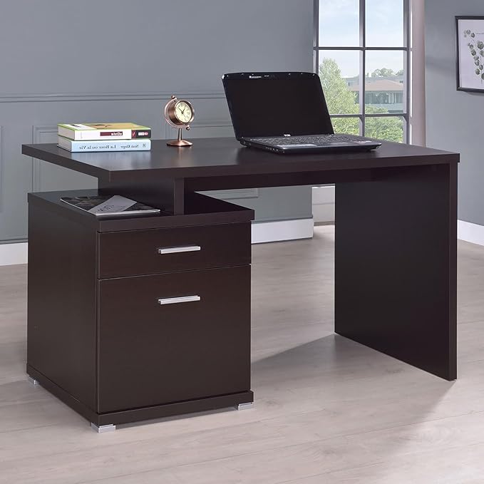 Cappuccino 2-Drawer Reversible Office Desk - Space-Saving Home Office Desk with File Drawer