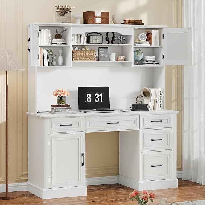 67H Farmhouse Executive Desk with Hutch.Wood Workstation with 5 Drawers Storage Cabinet File Drawers and Charging Station Ideal as Office Desks Computer Desk for Home Office and Study.Cream White