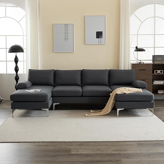 Karl home 110 Sectional Sofa U-Shaped 4-Seat Couch with Chaises Linen Fabric Upholstered for Living Room Apartment Office Dark Gray