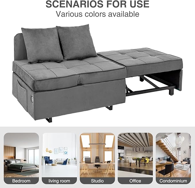 Sofa Bed 4-in-1 Convertible pull out Couch Velvet Love seat Couch Sleeper Chair Bed with 2 Throw Pillow Single Recliner with 5 Adjustable Backrests for Living Room Apartment Small Space Light Grey