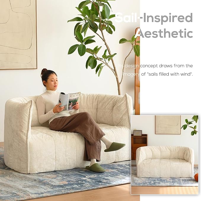 N&ampV Mid Century Brigantin Deep Relaxation Sofa Soft Premium Chenille for Living Room Bedroom and Office (Ivory ThreeSeater)