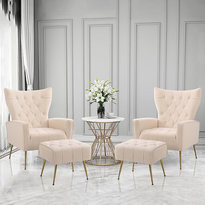Velvet Accent Chair with OttomanUpholstered Tufted Wingback Arm Chair Modern Decorative Chairs with Gold Metal Legs for Bedroom Living Room (White1 Chair)
