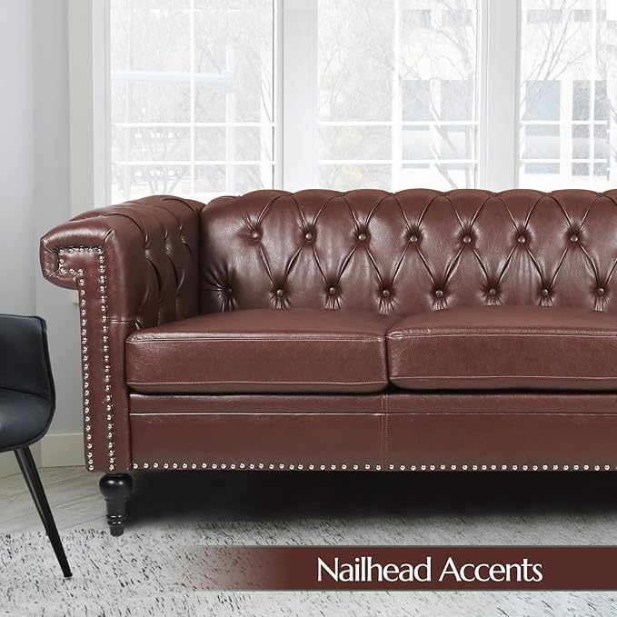 Brown Couches Sofas Chesterfield Sofas for Living Room Deep Seat Comfy 3-Seater Faux Leather Couch Classic Tufted Upholstered Couches for Bedroom Office Easy to Assemble