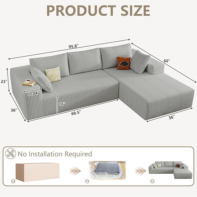 96 Cloud Sectional Couch with L-Shaped Chaise Modern Corduroy Sectionals Couches with Deep Seat Boneless Sofa 3 Seater for Living Room No Assembly Required (Light Grey Right Facing Chaise)