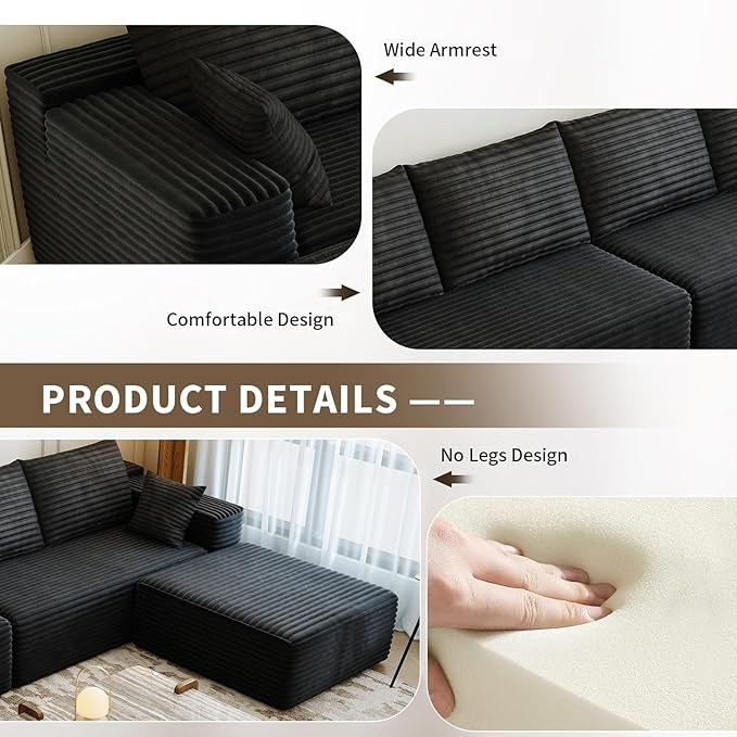 139.4 Modular Sectional Sofa L-Shaped Minimalist Couches with Middle Seat Chaise Modern Deep Seat Convertible Sleeper SofaCloud Plush Corduroy Fabric No Assembly Required 5 Seater Black