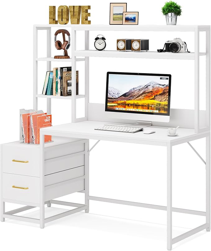 LITTLE TREE Computer Desk with Drawers and Hutch Rustic Office Desk with Storage Shelves for Home Office