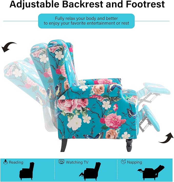Recliner Chair Upholstered Wingback Floral Pushback Armchair with Adjustable Backrest &amp Footrest Comfy Accent Chair Reading Single Sofa for Small Spaces Living Room Bedroom (Peacock Set of 1)