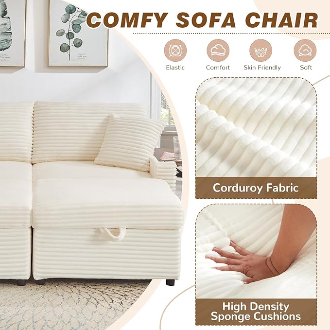 Chaise Lounge Chair Indoor 68 W Corduroy Loveseat Sectional Couch with Sorage Ottoman/Wing Table/Charge Ports/Cup Holder Modern Comfy Deep Seat Reading L-Shape Sofa for Living Room White