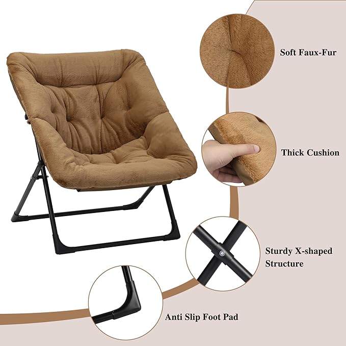 Comfy Saucer Chair for Adults Soft Faux Fur Bedroom Chair Accent Dorm Chairs Flexible Living Room Reading Chairs Oversized Folding Seat for Teens X-Large Brown