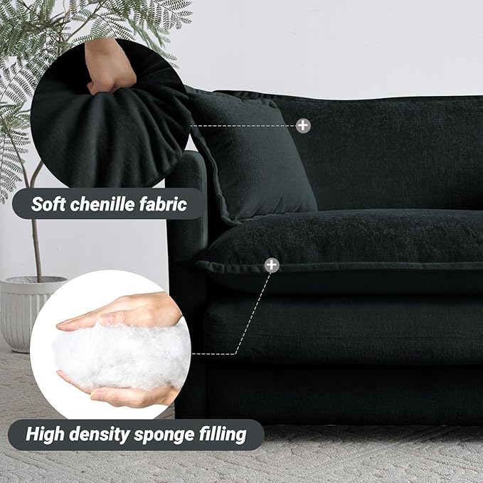 healthomse Chenille Two-Seater Sofa with 1 Footrest 2 Seater L-Shaped Sectional with Ottoman sectional couches for Living Room Chenille (Black 4-Seat)