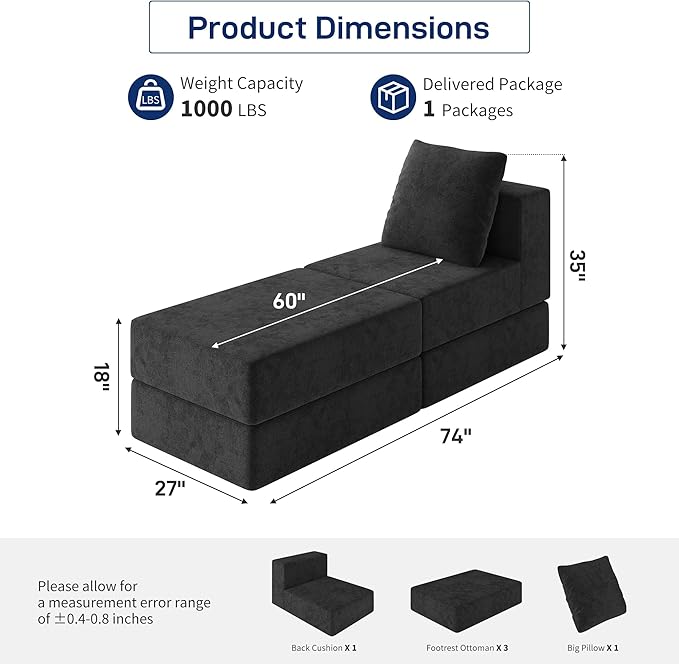 Living&ampGiving Cloud Sectional Couch for Living Room Modular Boneless Couch with 1 Ottoman Middle-seat Can Be Combined with Modular Sofa Customizable Layout for Any Space Black